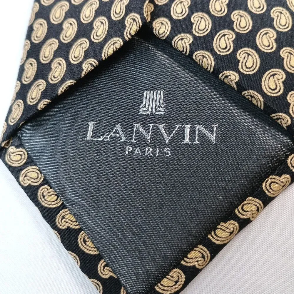 LANVIN Paris 100% Silk Made in France Black & Gold Paisley Designer Neck Tie 56